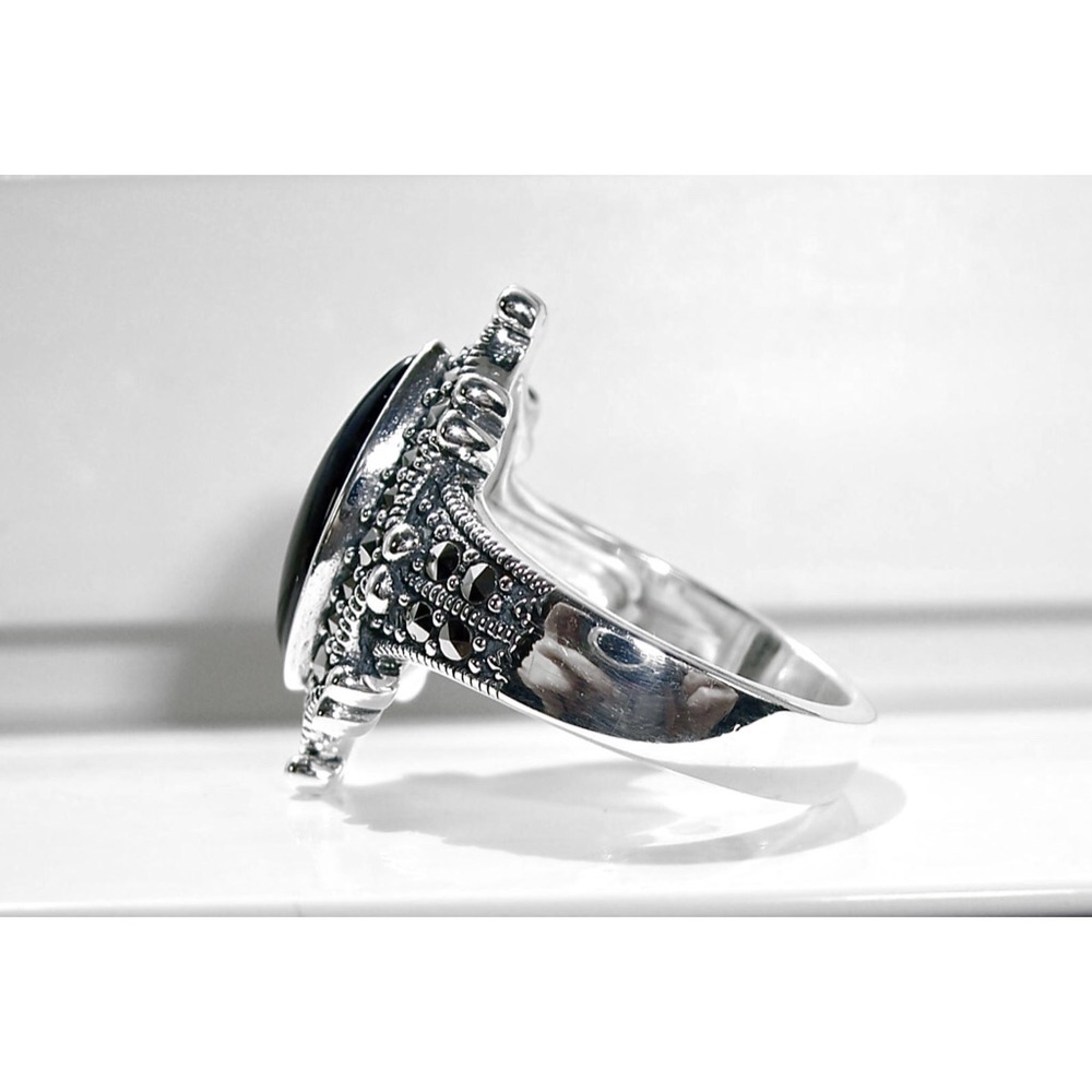 925 STERLING SILVER Marquise Black Onyx & Marcasite Ring - Picture 9 of 16